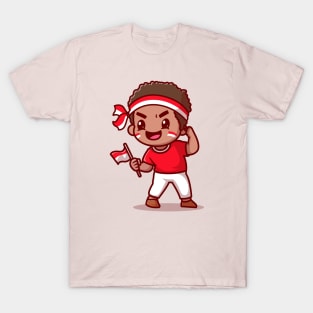 Cute Boy Holding Indonesian Flag Cartoon T-Shirt